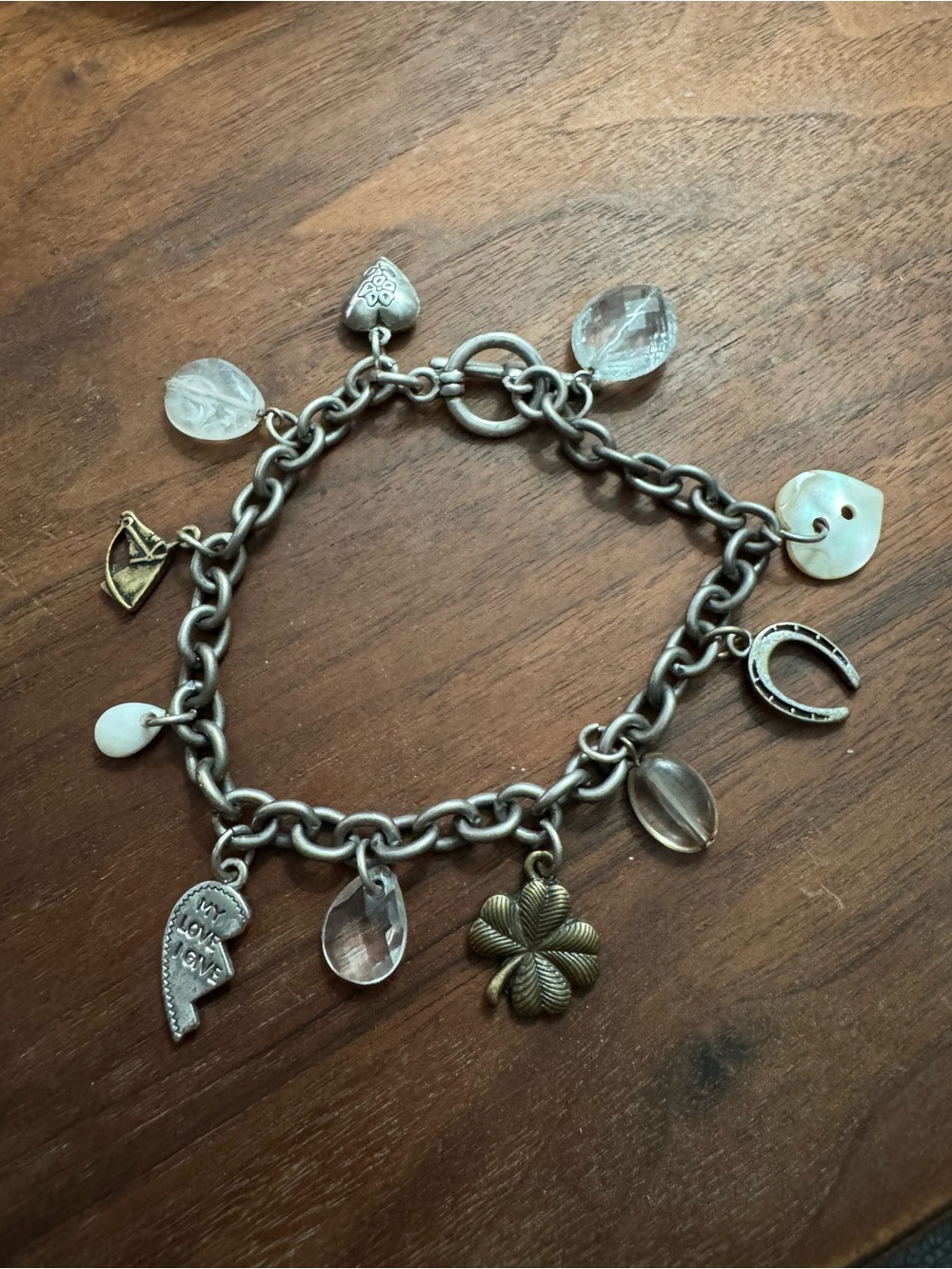 Mixed Metal Charm Bracelet w/Bead & Shell Accents